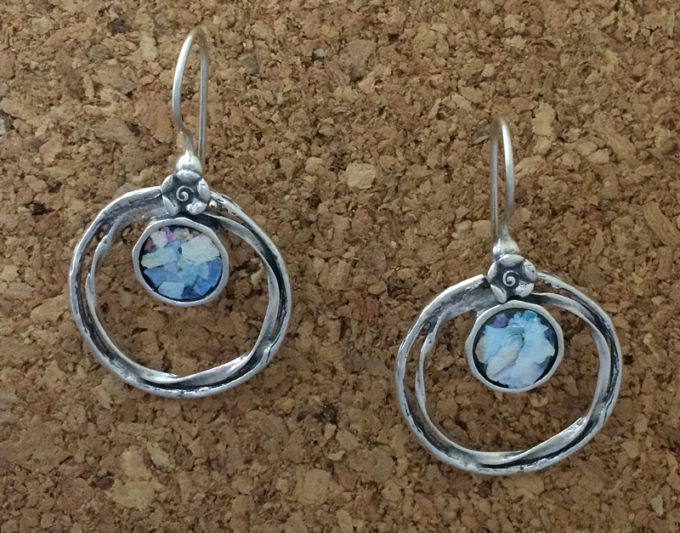 Roman Glass rounds in sterling halos by Tamir Zuman